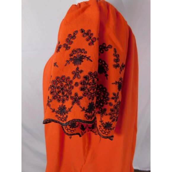 H&M Blouse Womens Large Orange Black Embroidered Boho Peasant Top Off Shoulder - Picture 4 of 9